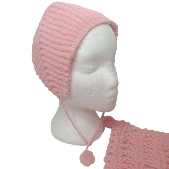 Vintage Handmade Crochet Little Girls Winter Hat And Scarf Set Pom Pom Pink - Picture 2 of 16